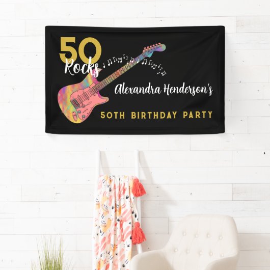 50 Rocks Verjaardagsfeest Roze gitaar Zwart en Gou Spandoek (Insitu)