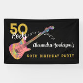 50 Rocks Verjaardagsfeest Roze gitaar Zwart en Gou Spandoek (Horizontaal)