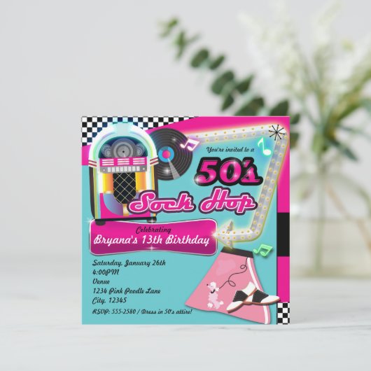 50 SOCK HOP Birthday Party Retro Uitnodiging (Staand voorkant)