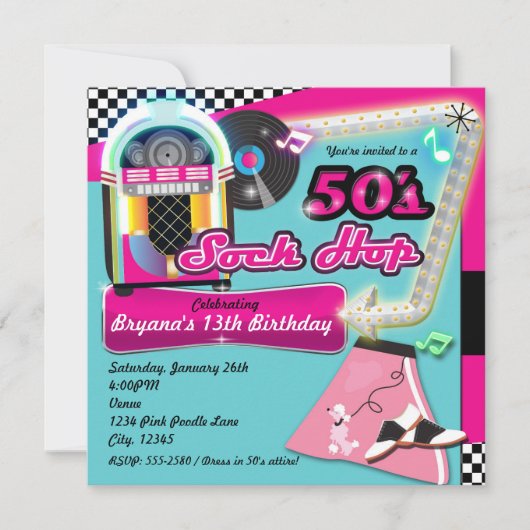 50 SOCK HOP Birthday Party Retro Uitnodiging (Voorkant)