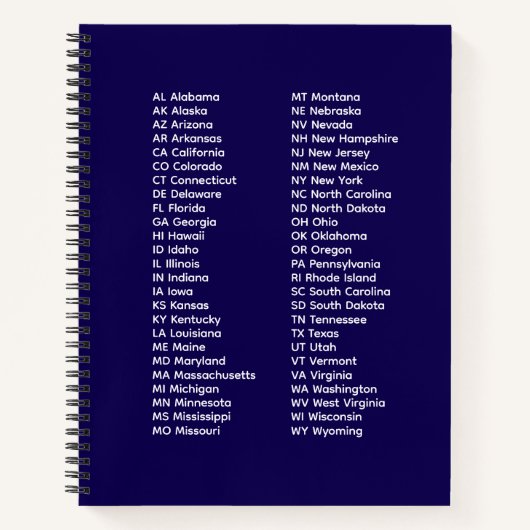 50 staten afkortingen – Blauwe spiraal notitieboek (Voorkant)