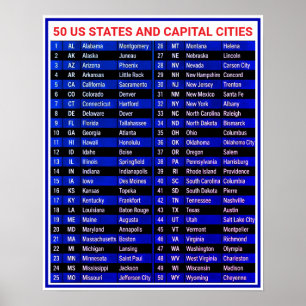 50 Staten en Hoofdsteden - USA Decoratie. Muur Poster