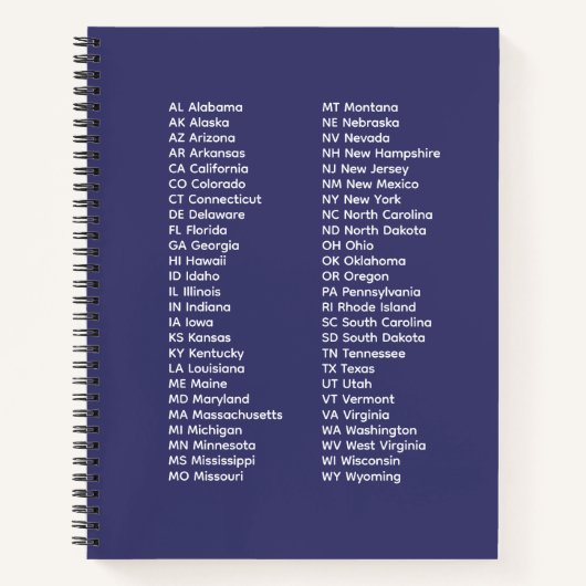 50 States Abbreviations List – Blue Spiral Noteboo Notitieboek (Voorkant)