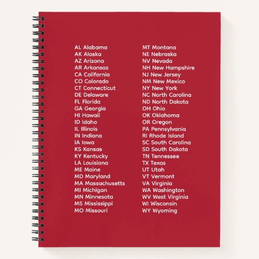 50 States Abbreviations – Red Spiral Notebook Notitieboek (Voorkant)