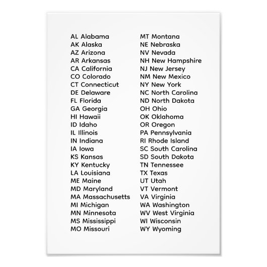 50 States List Alphabetical Order Foto Afdruk (Voorkant)