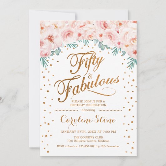 50 Uitstekend Verjaardagsfeest - Wit Goud Roze Kaart (Voorkant)