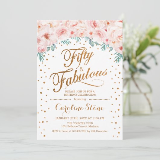 50 Uitstekend Verjaardagsfeest - Wit Goud Roze Kaart (Staand voorkant)