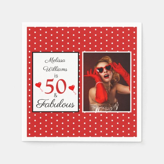 50 & Uitstekende Naam Foto Rood 50ste Verjaardag R Servet (Voorkant)