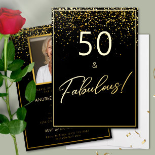 50 Verbluffende Verjaardag Glitter Foto Zwart en G Folie Uitnodiging