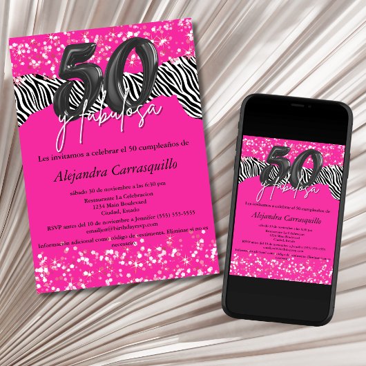 50 y Fabulosa Hot Pink Zebra Spaans 50e verjaardag Kaart