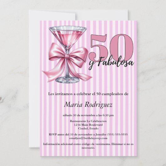 50 y Fabulosa Roze Martini Spaans 50e verjaardag Kaart (Voorkant)