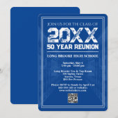 50 Year High School Reunion Retro Blue Varsity QR Kaart (Voorkant / Achterkant)