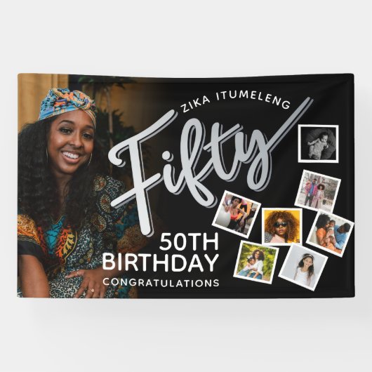 50 zilveren 50ste verjaardag foto's op zwart spandoek (Horizontaal)