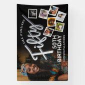 50 zilveren 50ste verjaardag foto's op zwart spandoek (Verticaal)