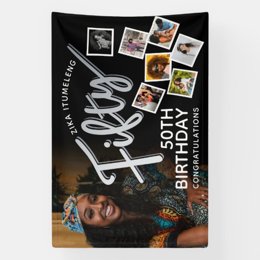 50 zilveren 50ste verjaardag foto's op zwart spandoek (Verticaal)