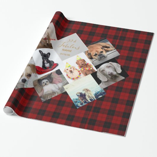 50e 40e 60e FOTO Collage Buffalo Plaid Naam Cadeaupapier (Uitgerold)