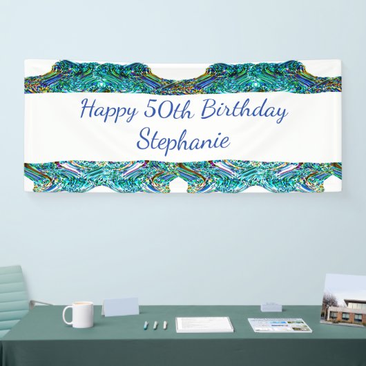 50e 50e Happy Birthday Party Blauw Abstract 2024 Spandoek (Beurs)