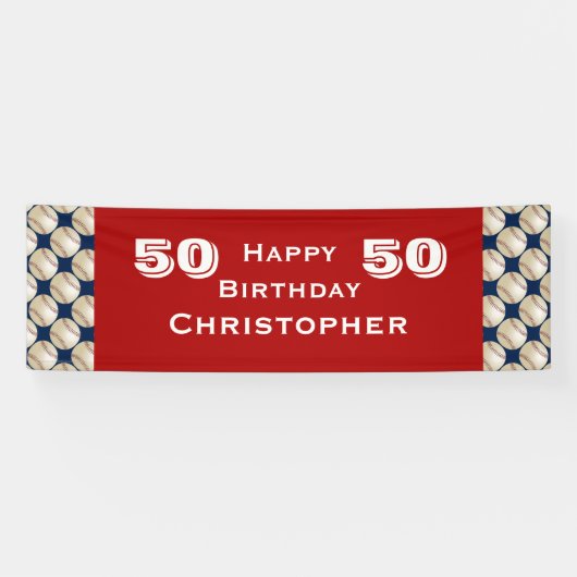 50e, 55e verjaardag Baseball, naam rood Spandoek (Horizontaal)