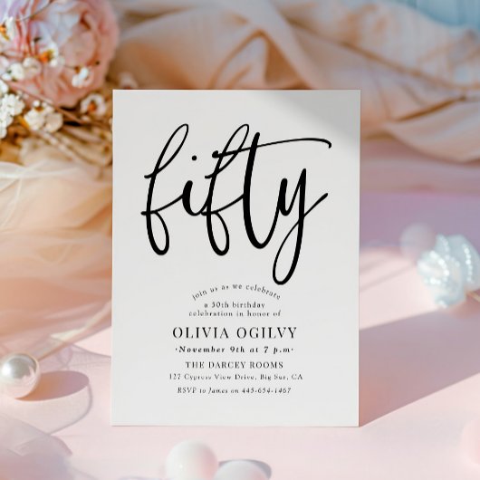 50e B & W Verjaardagsfeest Moderne Script Typograf Kaart