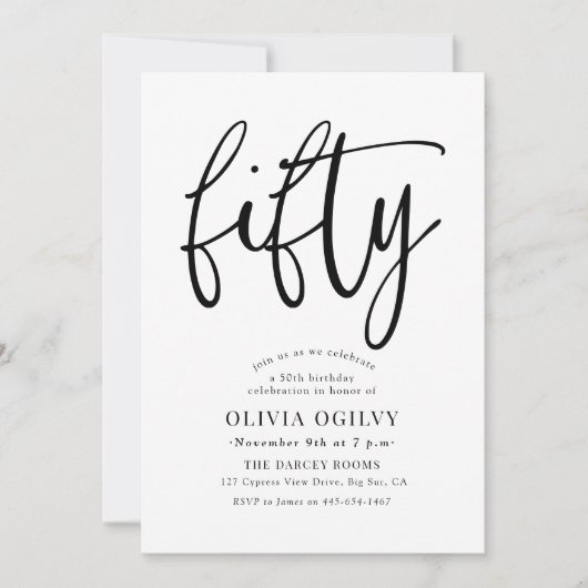 50e B & W Verjaardagsfeest Moderne Script Typograf Kaart (Voorkant)