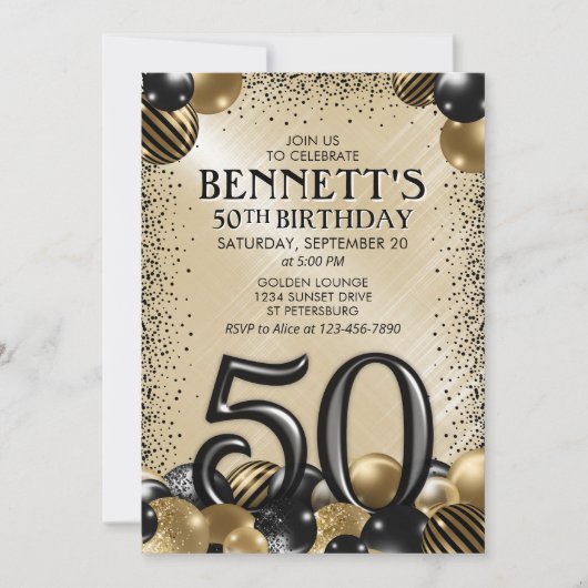 50e ballonnen zwart goud verjaardag kaart (Voorkant)