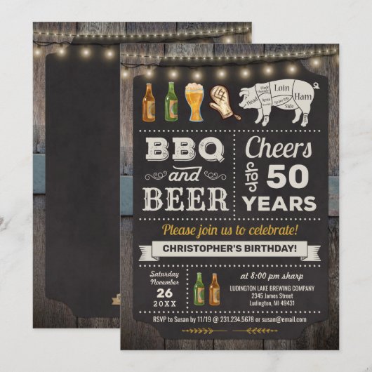 50e BBQ Barbecue & Beer Birthday Invitation Kaart (Voorkant / Achterkant)