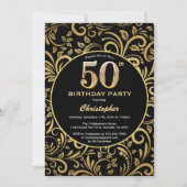 50e Birthday Black en Gold Floral Pattern Kaart (Voorkant)