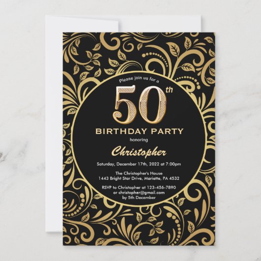 50e Birthday Black en Gold Floral Pattern Kaart (Voorkant)