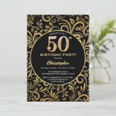 50e Birthday Black en Gold Floral Pattern Kaart (Staand voorkant)