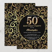 50e Birthday Black en Gold Floral Pattern Kaart (Voorkant / Achterkant)