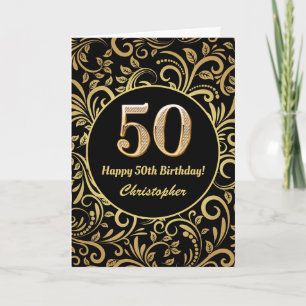 50e Birthday Black en Gold Floral Pattern Kaart
