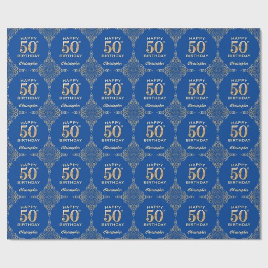 50e Birthday Blue en Gold Glitter Lijst Cadeaupapier (Vlak)