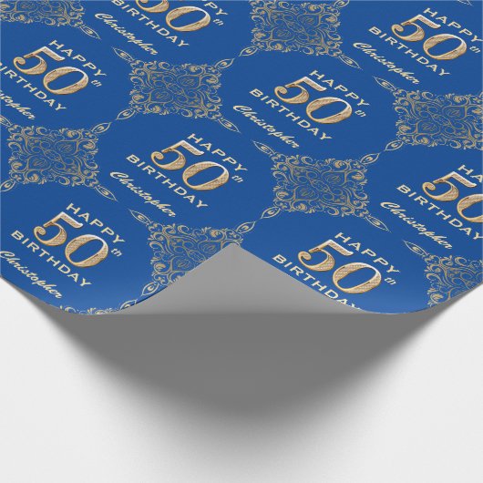 50e Birthday Blue en Gold Glitter Lijst Cadeaupapier (Hoek)