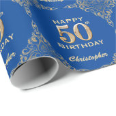 50e Birthday Blue en Gold Glitter Lijst Cadeaupapier (Rol Hoek)