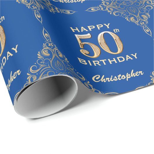 50e Birthday Blue en Gold Glitter Lijst Cadeaupapier (Rol Hoek)