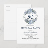 50e Birthday Blue Floral Waterverf Uitnodiging Briefkaart (Voorkant / Achterkant)