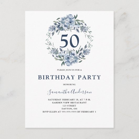 50e Birthday Blue Floral Waterverf Uitnodiging Briefkaart (Voorkant)