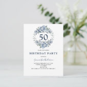 50e Birthday Blue Floral Waterverf Uitnodiging Briefkaart (Staand voorkant)