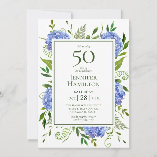 50e Birthday Blue Hydrangeas Kaart (Voorkant)