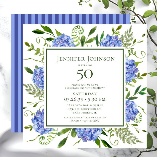 50e Birthday Blue Hydrangeas Kaart