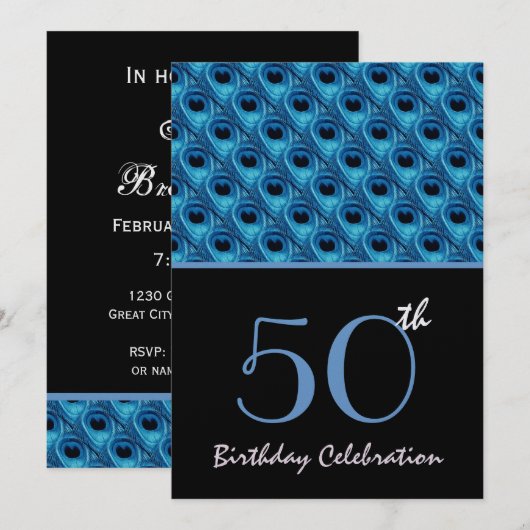 50e Birthday Blue Peacock Feathers Sjabloon Kaart (Voorkant / Achterkant)