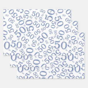 50e Birthday Blue & White Random Number Pattern W Inpakpapier Vel