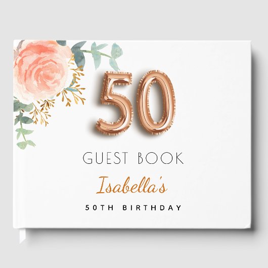 50e Birthday floral roos Gold eucalyptus name Gastenboek (Voorkant)