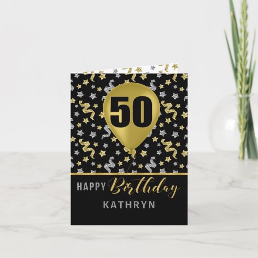 50e Birthday Gold- en Silver Confetti-ballon Kaart (Voorkant)