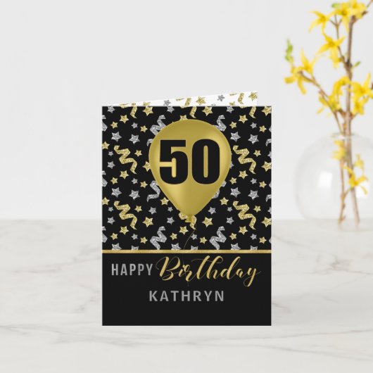 50e Birthday Gold- en Silver Confetti-ballon Kaart (Gele Bloem)