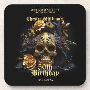 50E BIRTHDAY GOLD SKULL ROOS HALLOWEEN PARTIJ BIER ONDERZETTER