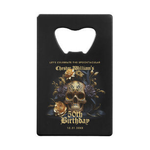 50E BIRTHDAY GOLD SKULL ROOS HALLOWEEN PARTIJ CREDITKAART FLESSENOPENER
