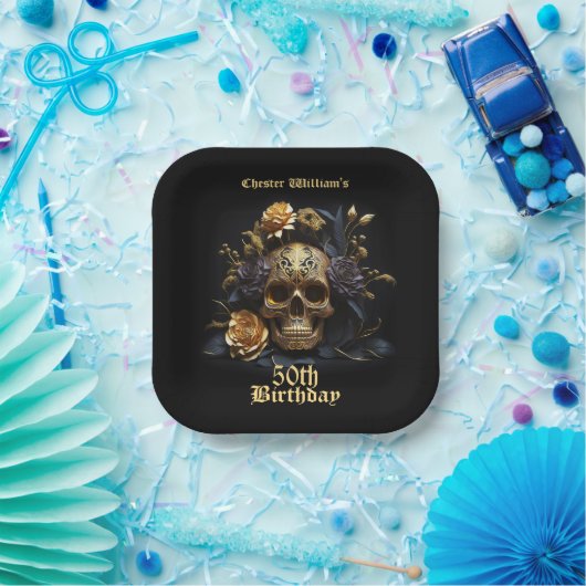 50E BIRTHDAY GOLD SKULL ROOS HALLOWEEN PARTIJ PAPIEREN BORDJE (Feest)