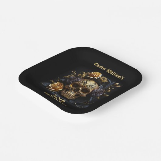 50E BIRTHDAY GOLD SKULL ROOS HALLOWEEN PARTIJ PAPIEREN BORDJE (Gebogen)