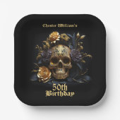 50E BIRTHDAY GOLD SKULL ROOS HALLOWEEN PARTIJ PAPIEREN BORDJE (Voorkant)